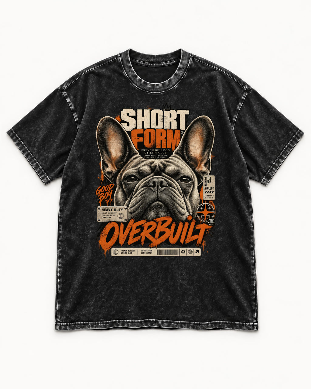 Frenchie Short Form Overbuilt Utility Club Poster Graphic Washed Tee in Black, flat lay product photo