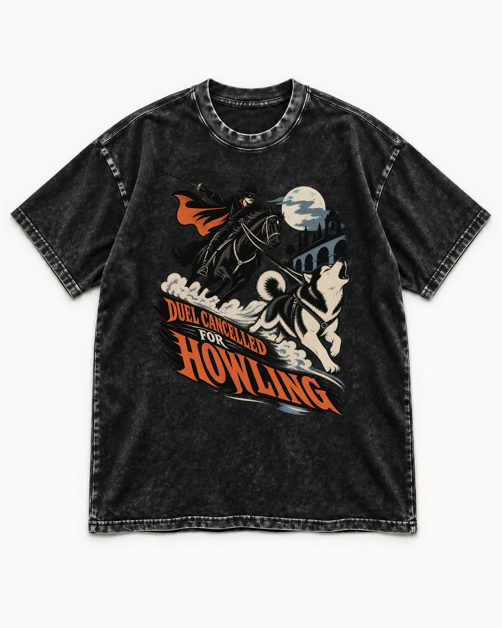 Husky Duel Cancelled for Howling Masked Rider Graphic Washed Tee in Black, flat lay product photo