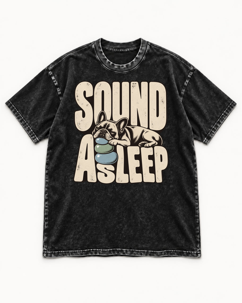 Frenchie Sound Asleep Stone Pillow Graphic Washed Tee in Black, flat lay product photo
