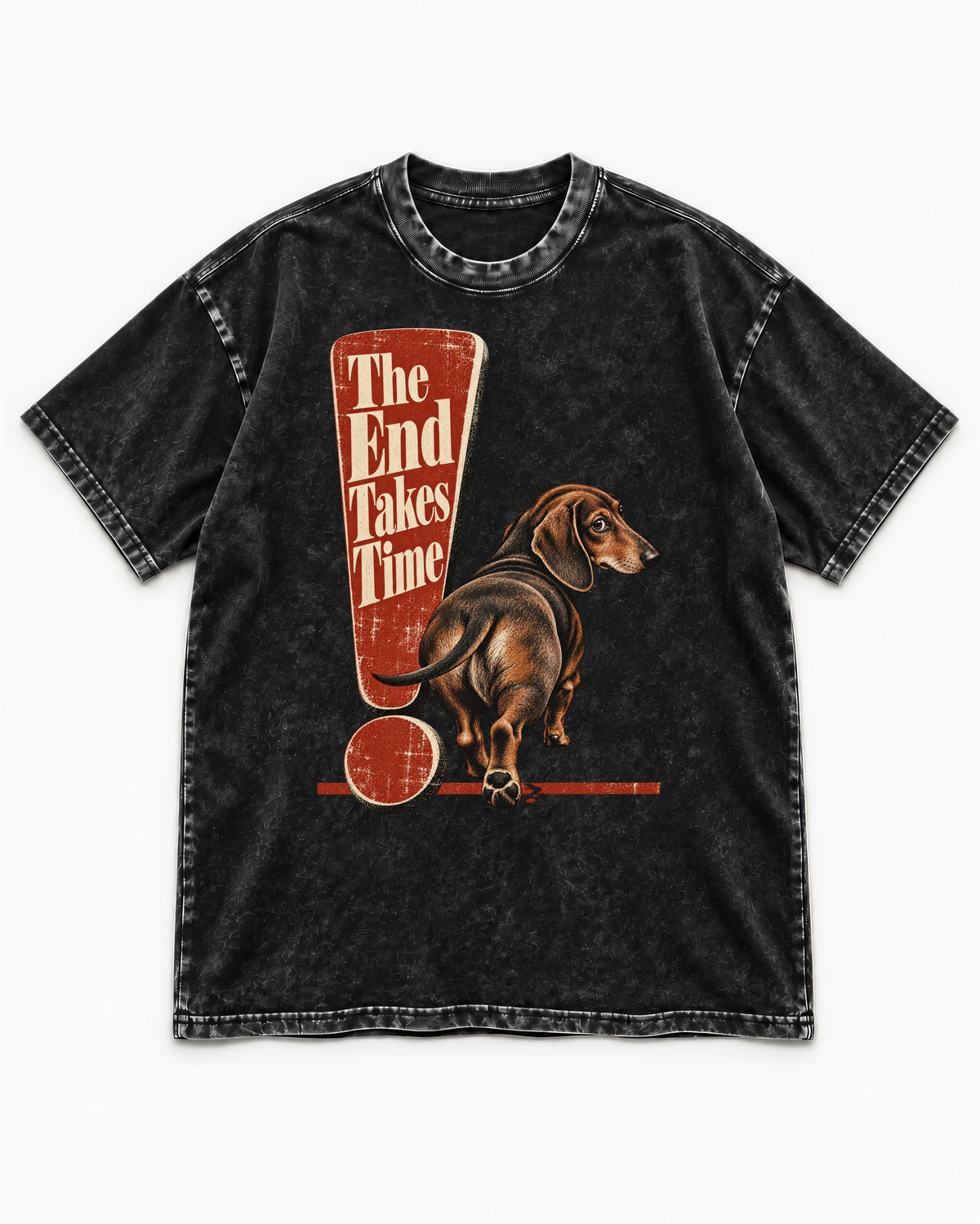 Dachshund The End Takes Time Exclamation Mark Graphic Washed Tee in Black, flat lay product photo