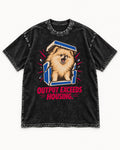 Pomeranian Output Exceeds Housing Bark Compression Graphic Washed Tee in Black, flat lay product photo