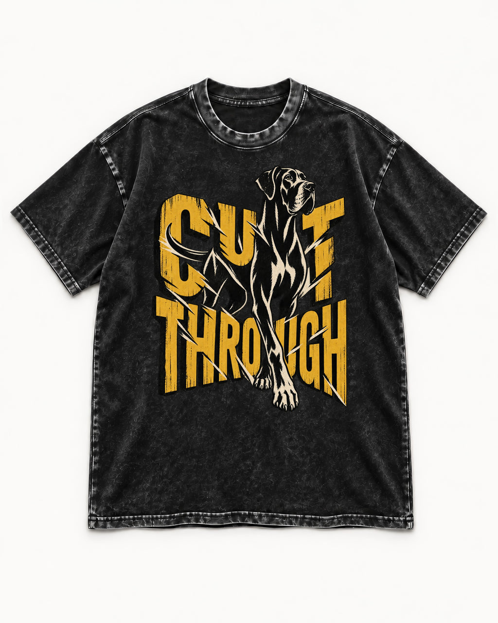 Great Dane Cut Through Breaking Type Graphic Washed Tee in Black, flat lay product photo