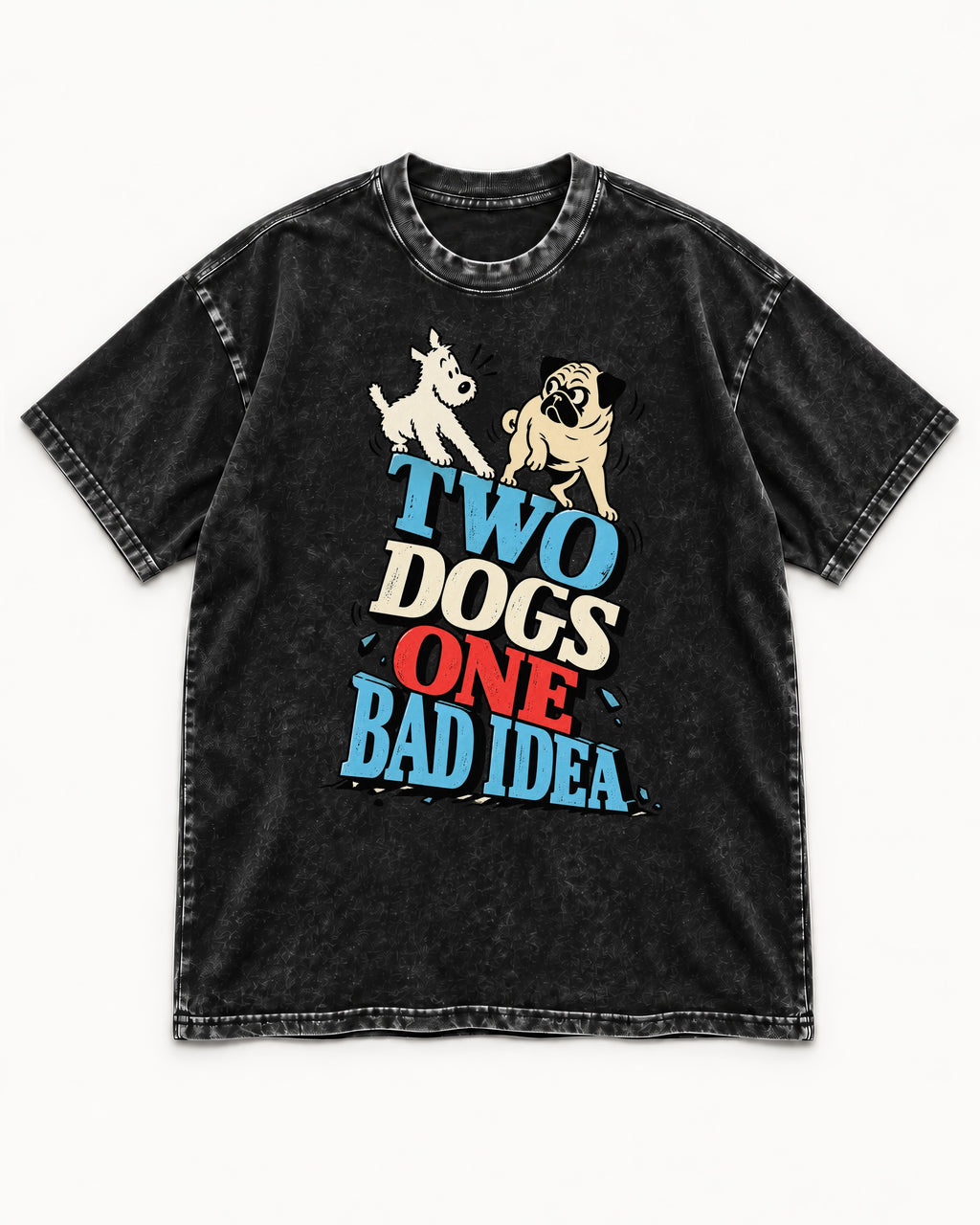 Pug Two Dogs One Bad Idea Graphic Washed Tee in Black, flat lay product photo