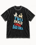 Pug Two Dogs One Bad Idea Graphic Washed Tee in Black, flat lay product photo