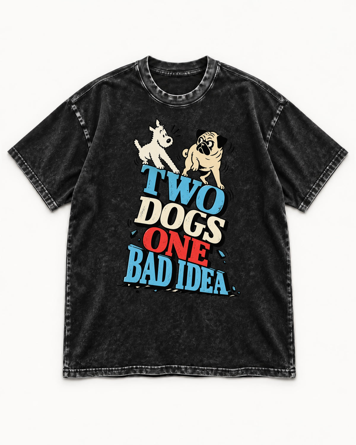 Pug Two Dogs One Bad Idea Graphic Washed Tee in Black, flat lay product photo