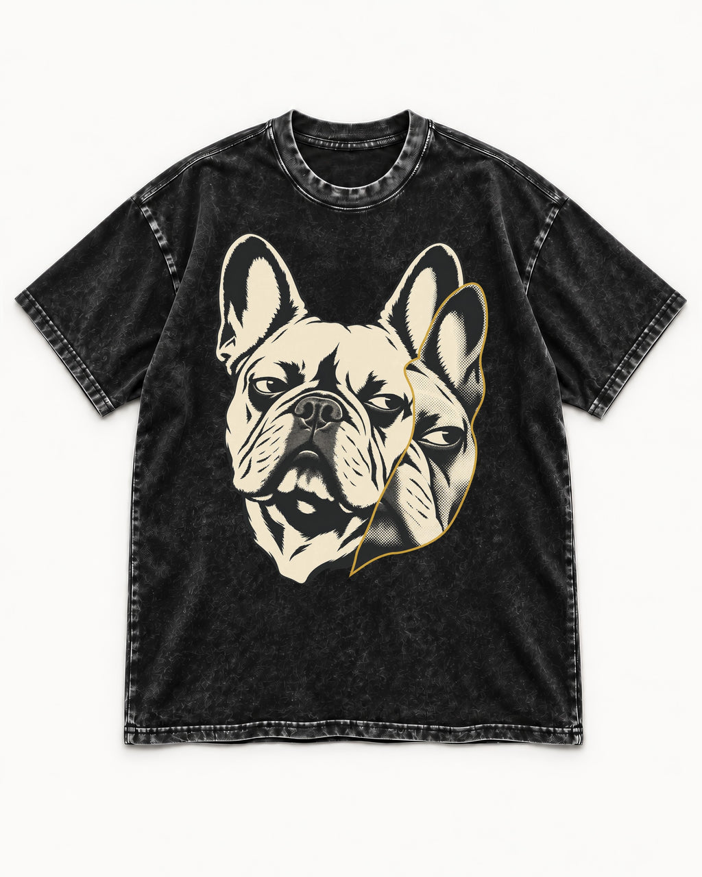 Frenchie Double Crop Side Eye Portrait Graphic Washed Tee in Black, flat lay product photo