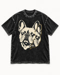 Frenchie Double Crop Side Eye Portrait Graphic Washed Tee in Black, flat lay product photo