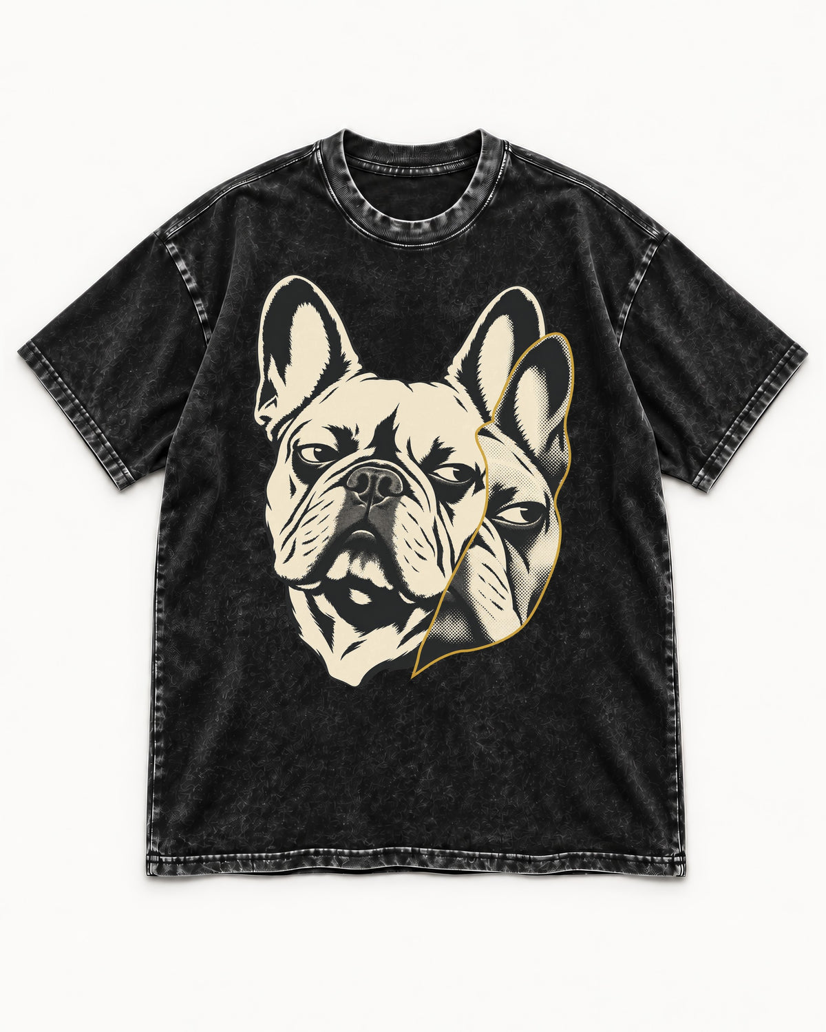 Frenchie Double Crop Side Eye Portrait Graphic Washed Tee in Black, flat lay product photo