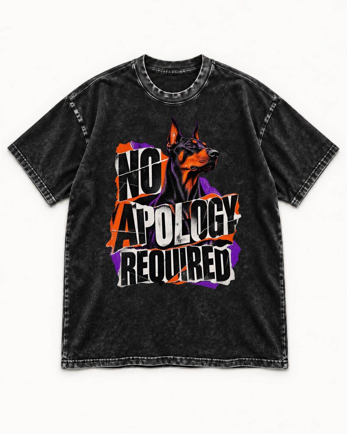 Doberman No Apology Required Torn Paper Graphic Washed Tee in Black, flat lay product photo