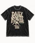 Frenchie Daily Route Tour Graphic Washed Tee in Black, flat lay product photo
