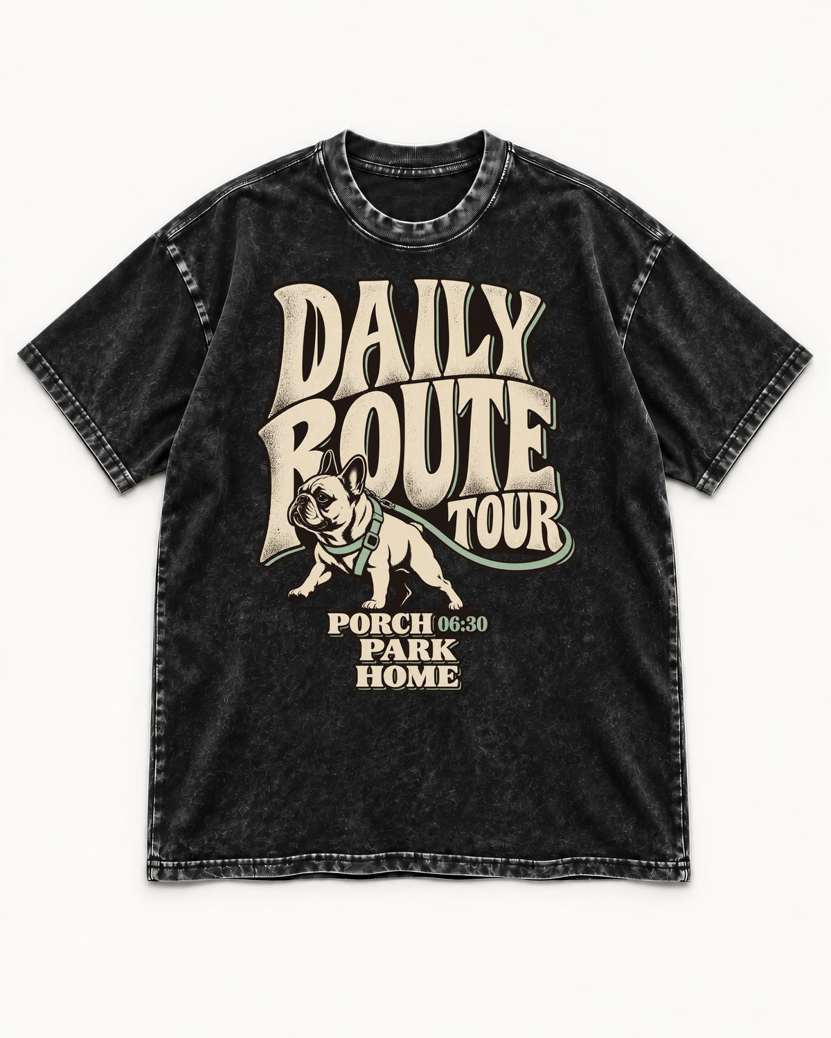 Frenchie Daily Route Tour Graphic Washed Tee in Black, flat lay product photo