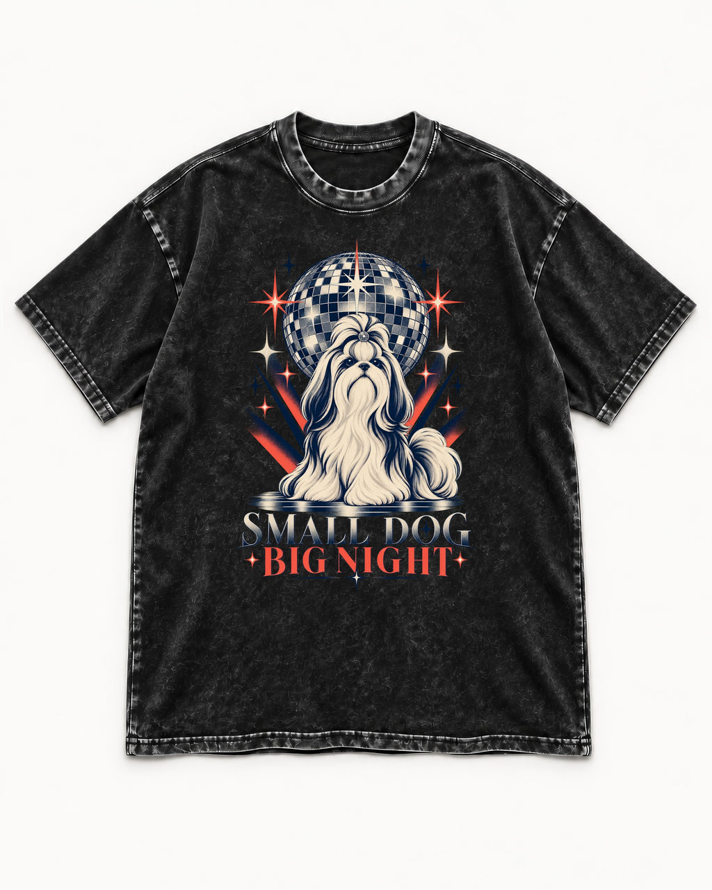 Shih Tzu Small Dog Big Night Disco Graphic Washed Tee in Black, flat lay product photo