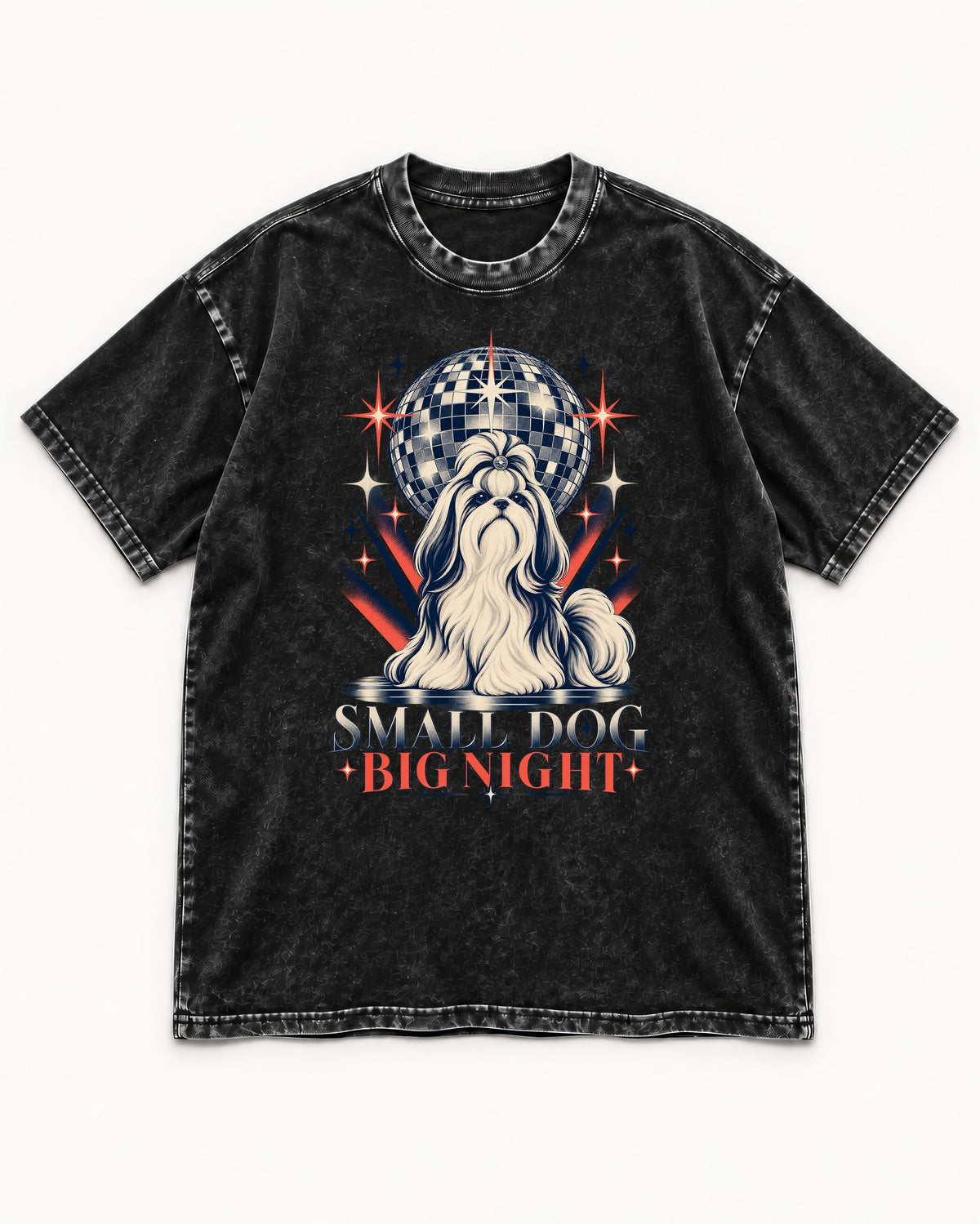 Shih Tzu Small Dog Big Night Disco Graphic Washed Tee in Black, flat lay product photo