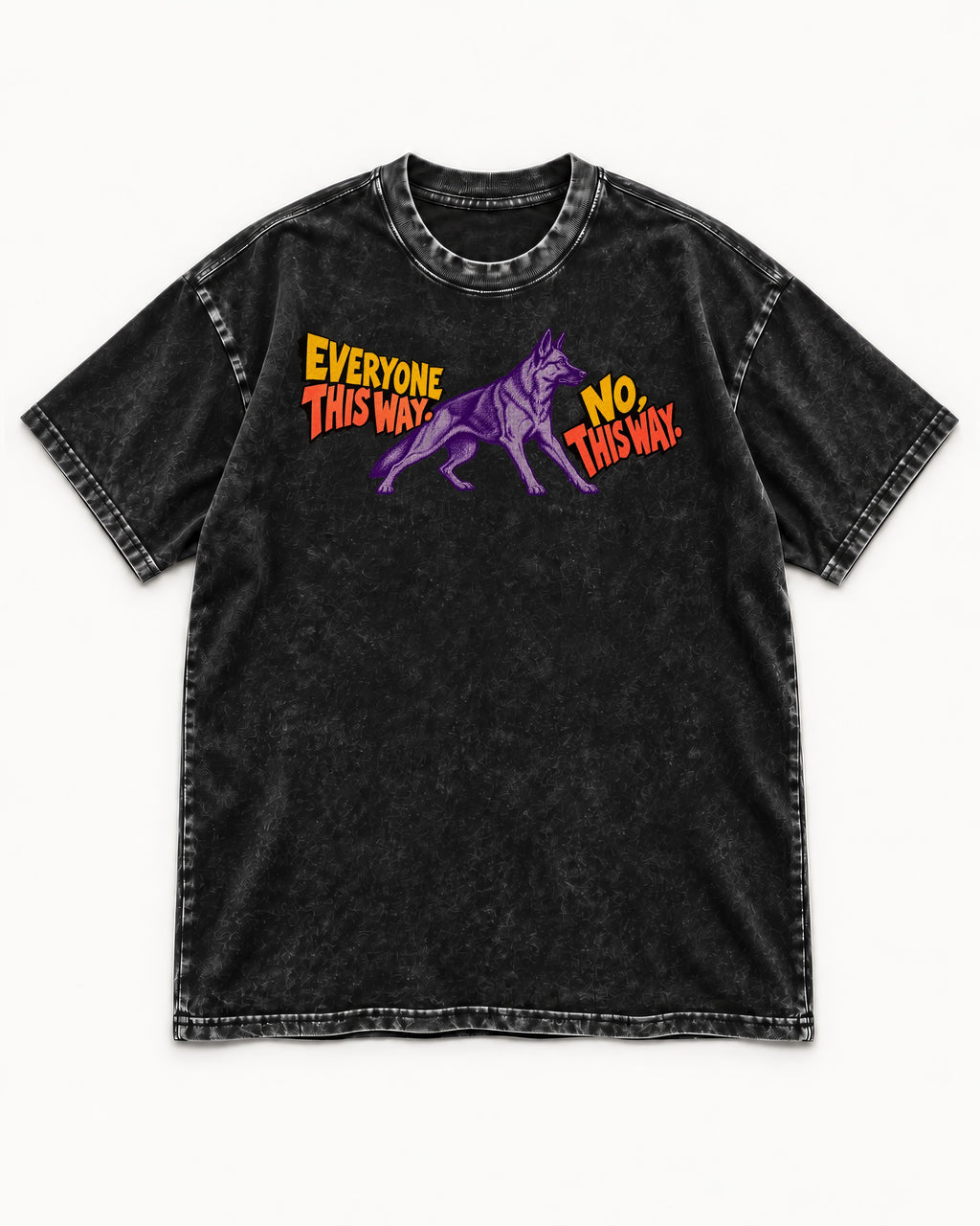 German Shepherd Dog Everyone This Way No This Way Direction Graphic Washed Tee in Black, flat lay product photo