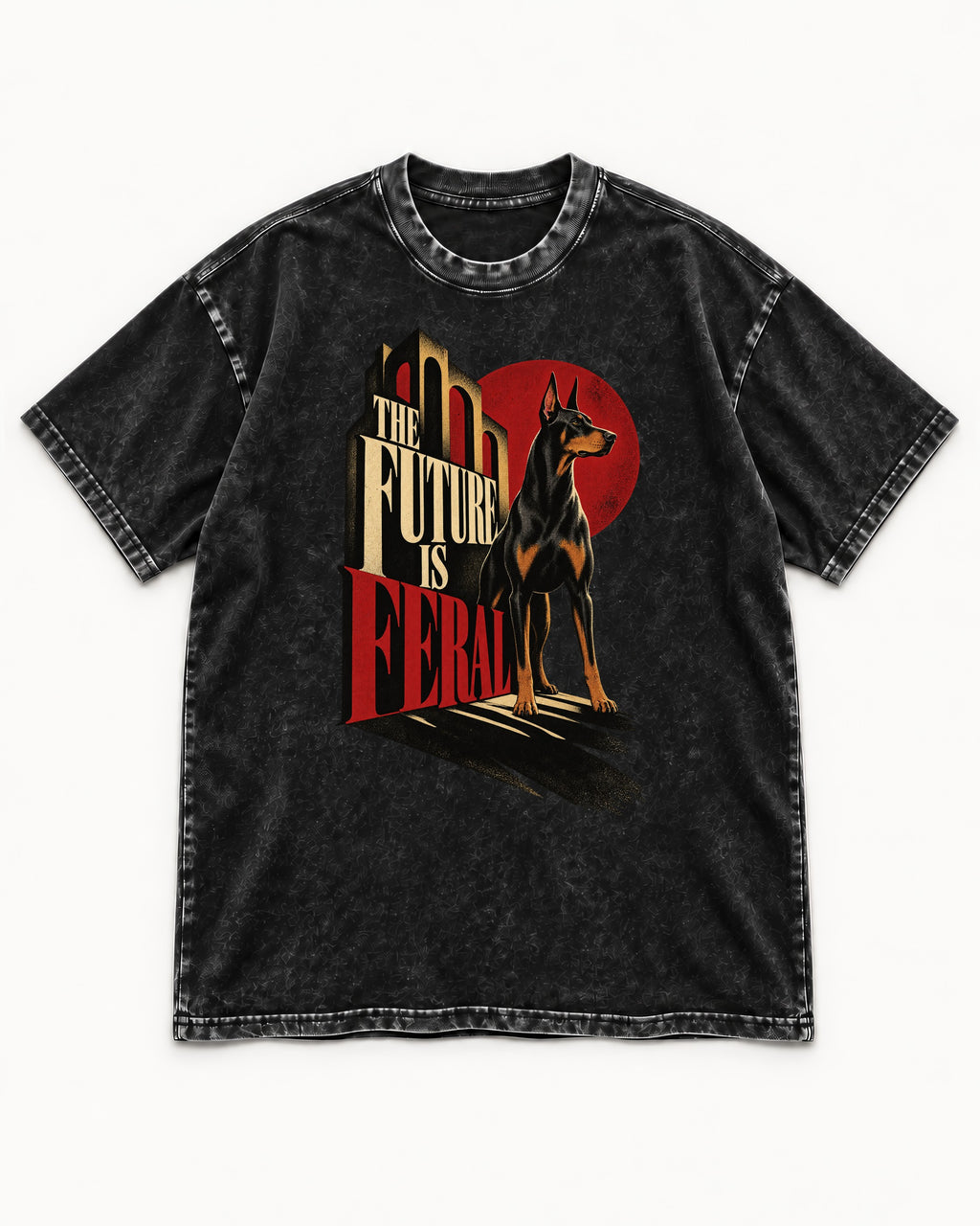 Doberman The Future Is Feral Art Deco Graphic Washed Tee in Black, flat lay product photo