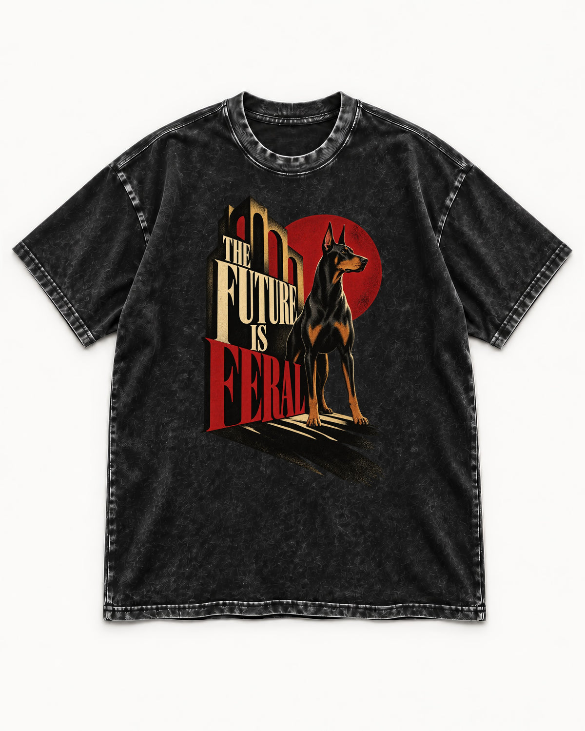 Doberman The Future Is Feral Art Deco Graphic Washed Tee in Black, flat lay product photo
