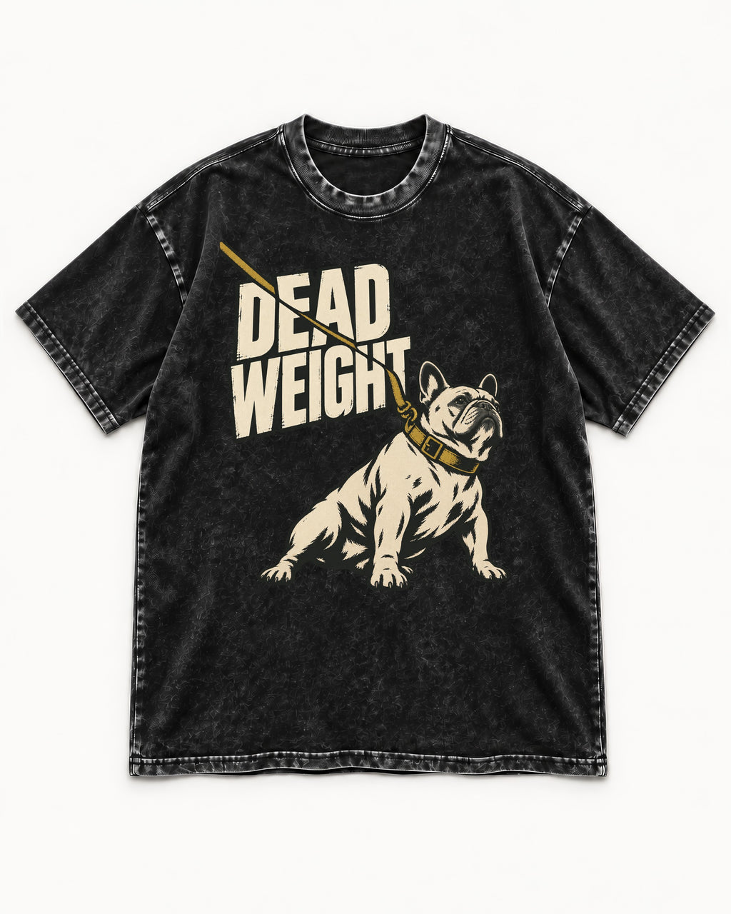 Frenchie Dead Weight Leash Graphic Washed Tee in Black, flat lay product photo