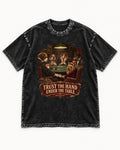 Yorkshire Terrier Trust the Hand Under the Table Poker Dogs Graphic Washed Tee in Black, flat lay product photo