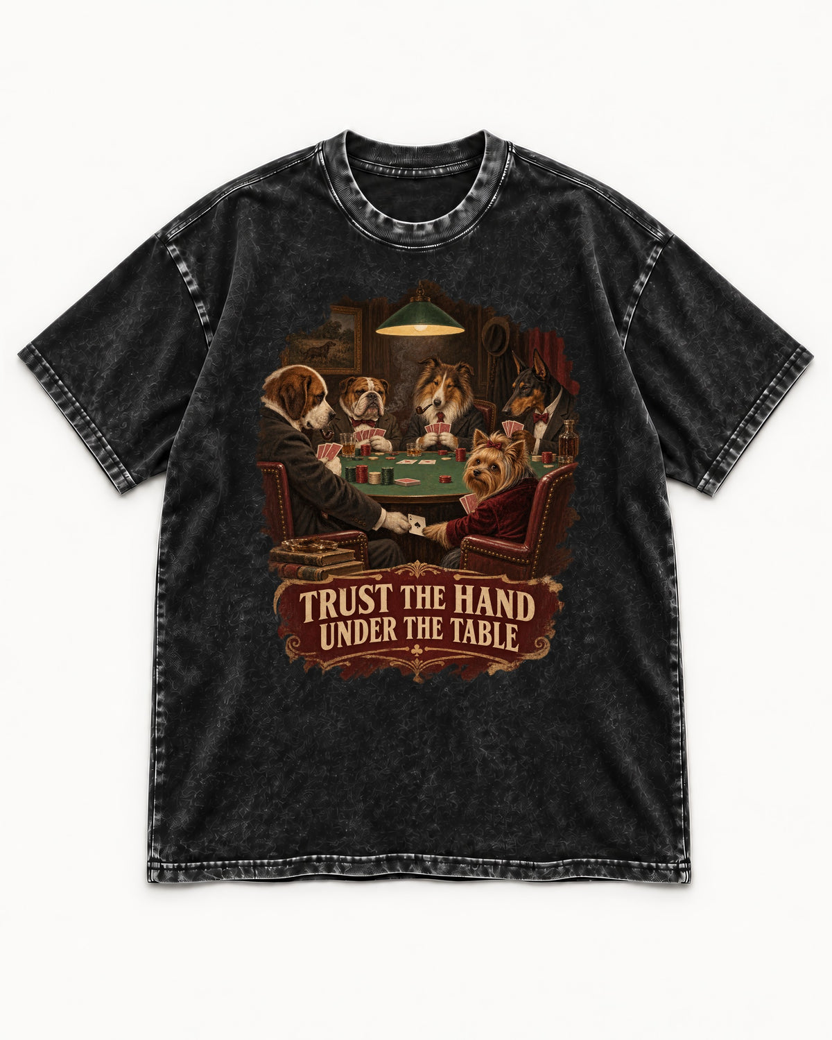 Yorkshire Terrier Trust the Hand Under the Table Poker Dogs Graphic Washed Tee in Black, flat lay product photo