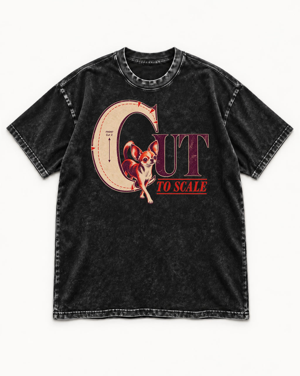 Chihuahua Cut to Scale Sewing Pattern Graphic Washed Tee in Black, flat lay product photo