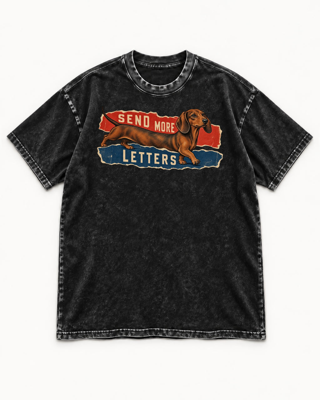 Dachshund Send More Letters Torn Paper Graphic Washed Tee in Black, flat lay product photo