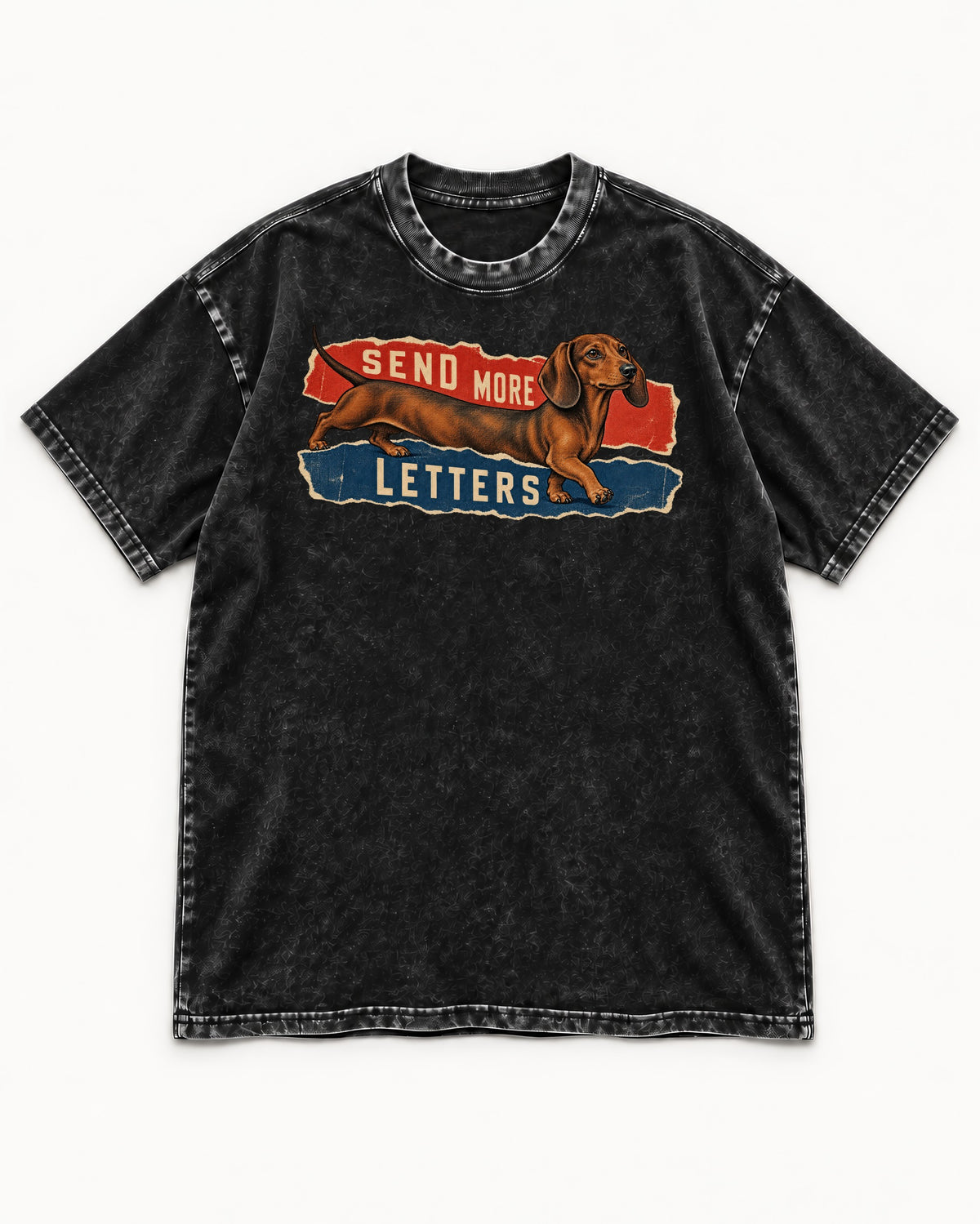 Dachshund Send More Letters Torn Paper Graphic Washed Tee in Black, flat lay product photo