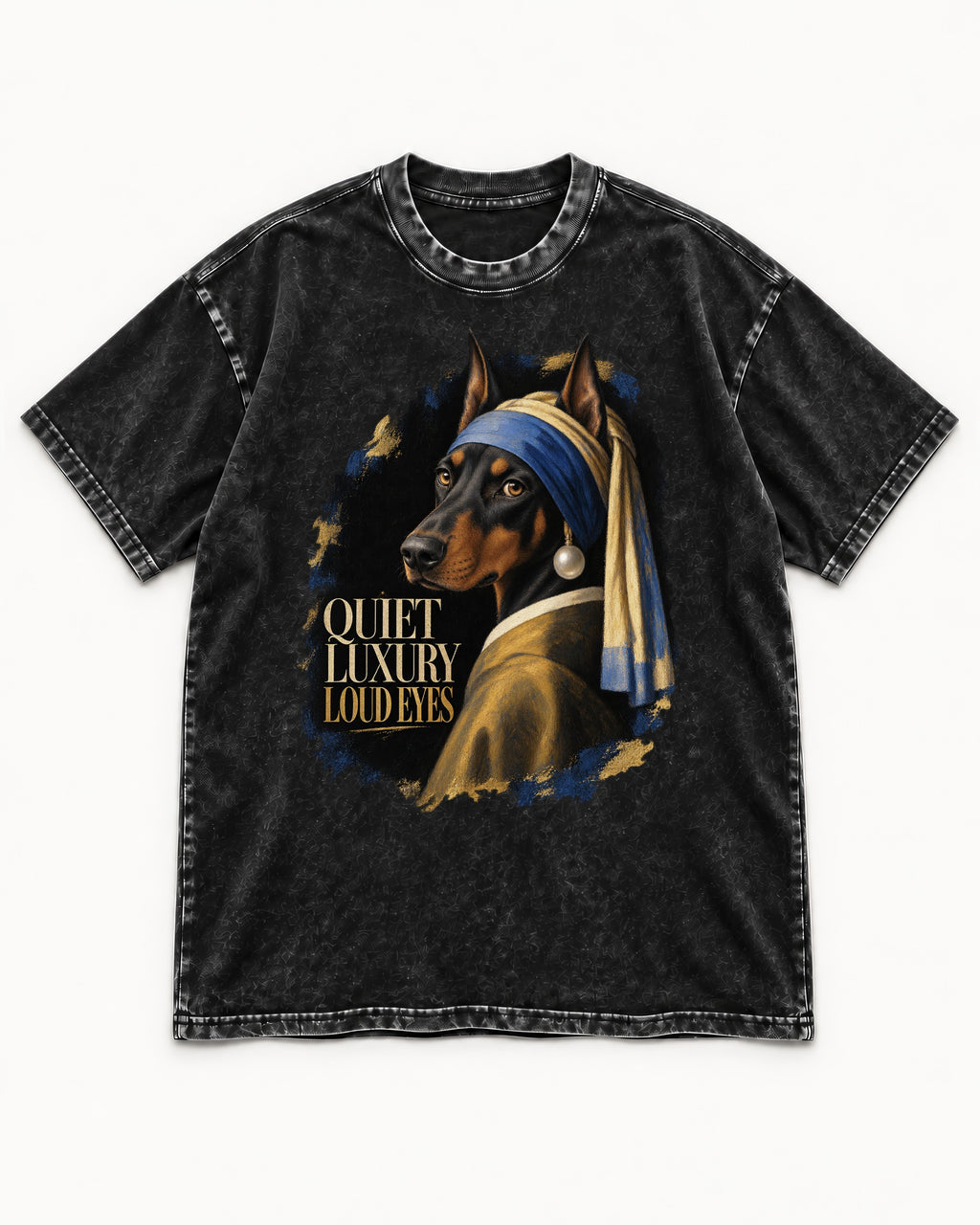 Doberman Quiet Luxury Loud Eyes Pearl Portrait Graphic Washed Tee in Black, flat lay product photo