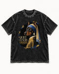 Doberman Quiet Luxury Loud Eyes Pearl Portrait Graphic Washed Tee in Black, flat lay product photo