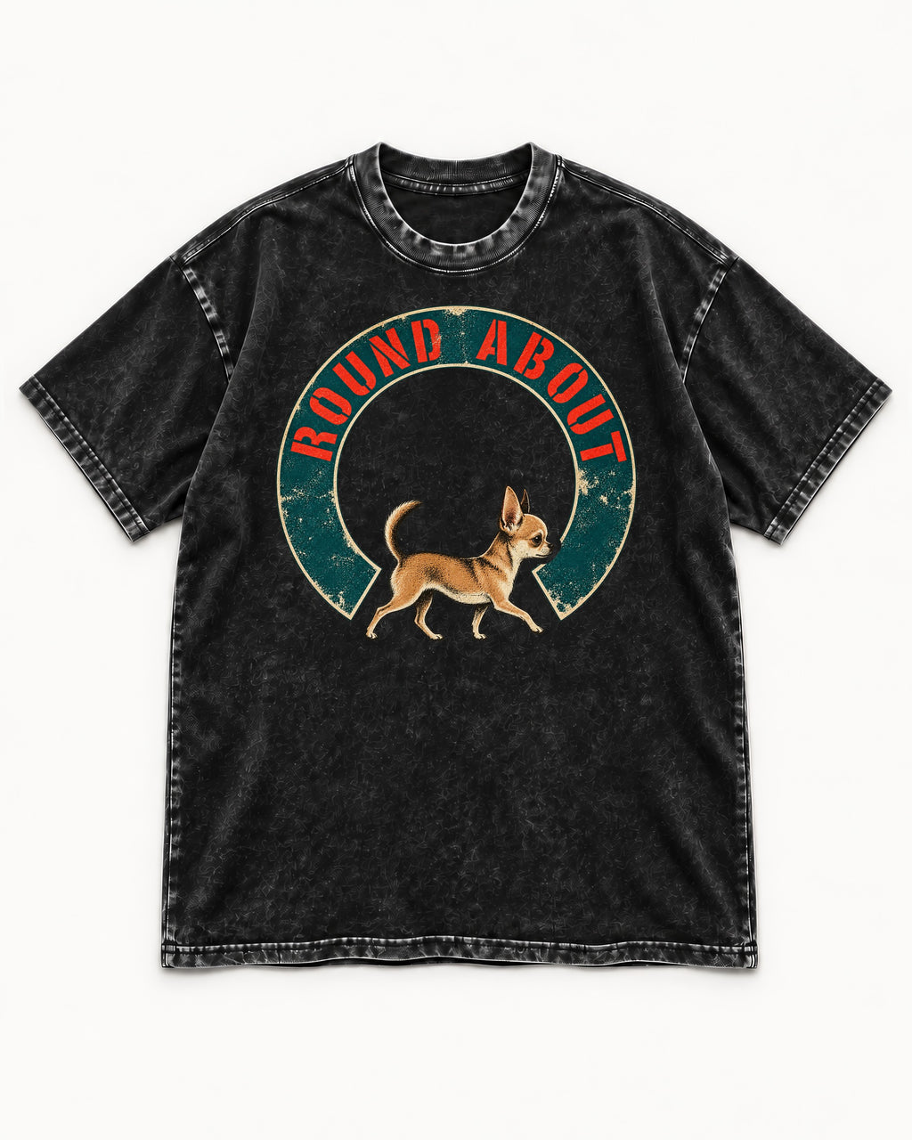 Round About Chihuahua Emblem Graphic Washed Tee in Black, flat lay product photo