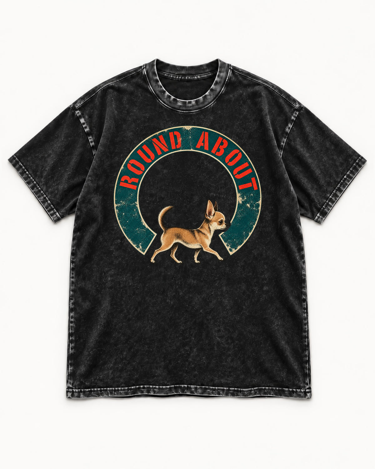 Round About Chihuahua Emblem Graphic Washed Tee in Black, flat lay product photo