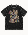 Yorkshire Terrier Poise in Pieces Torn Paper Collage Graphic Washed Tee in Black, flat lay product photo