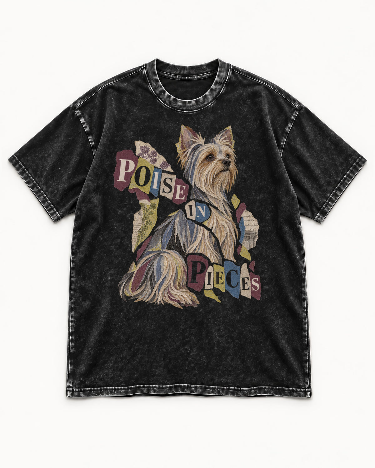 Yorkshire Terrier Poise in Pieces Torn Paper Collage Graphic Washed Tee in Black, flat lay product photo