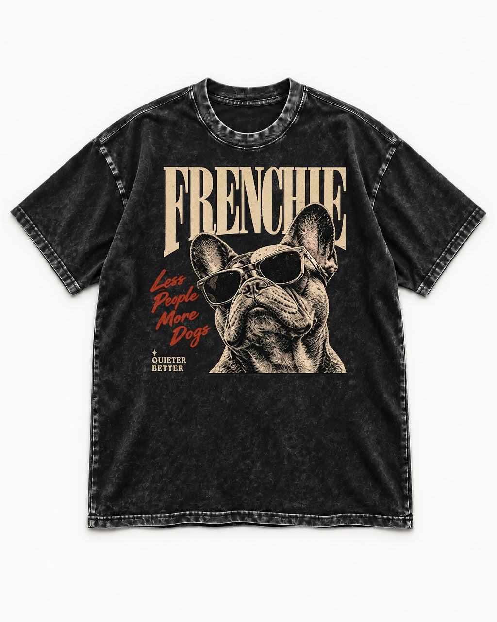 Frenchie Less People More Dogs Sunglasses Graphic Washed Tee in Black, flat lay product photo