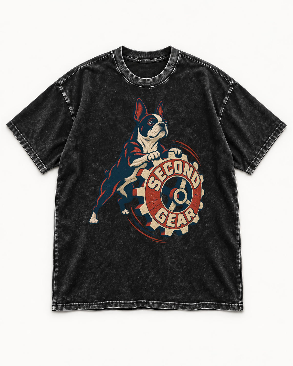 Second Gear Boston Terrier Graphic Washed Tee in Black, flat lay product photo
