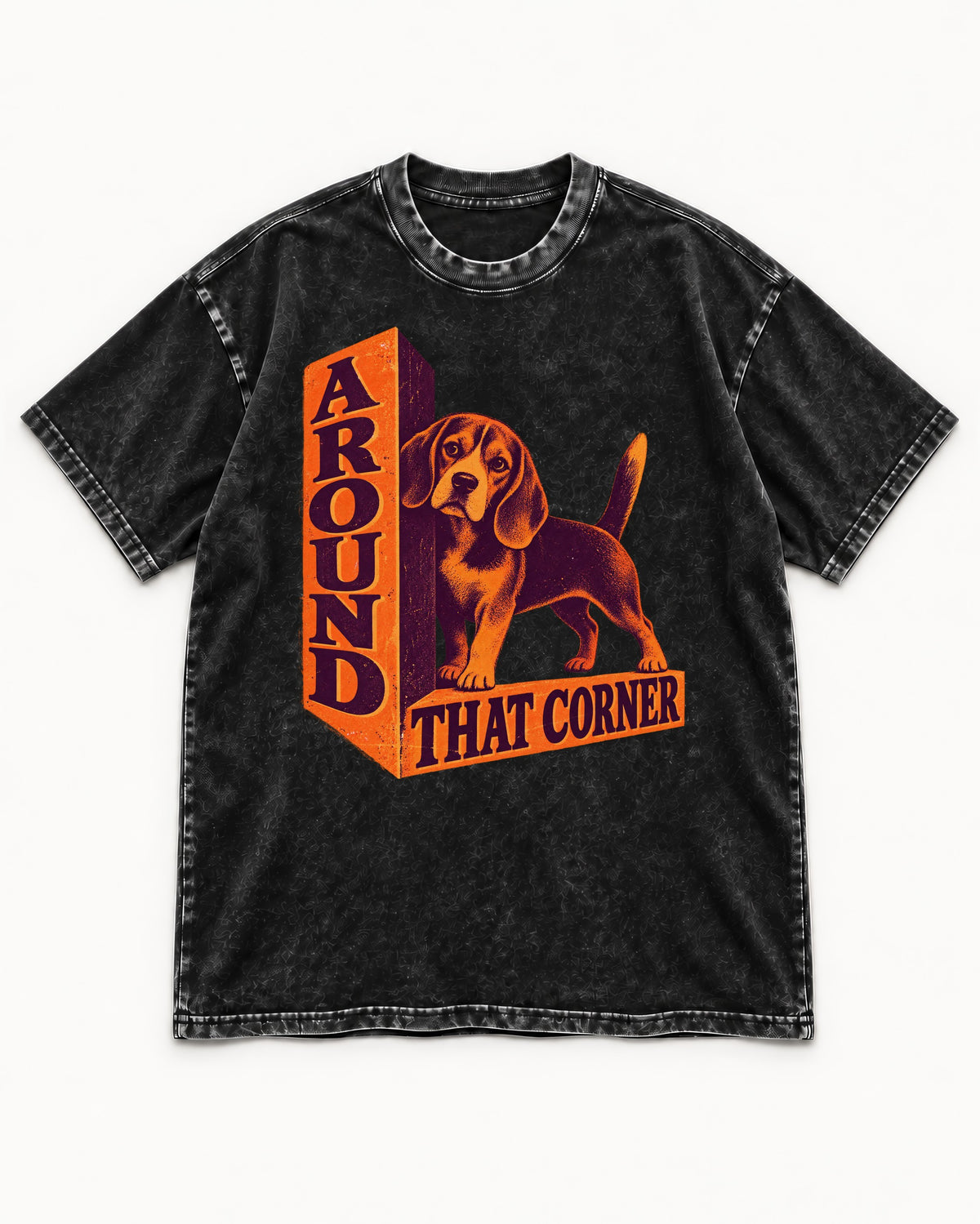 Beagle Around That Corner Graphic Washed Tee in Black, flat lay product photo