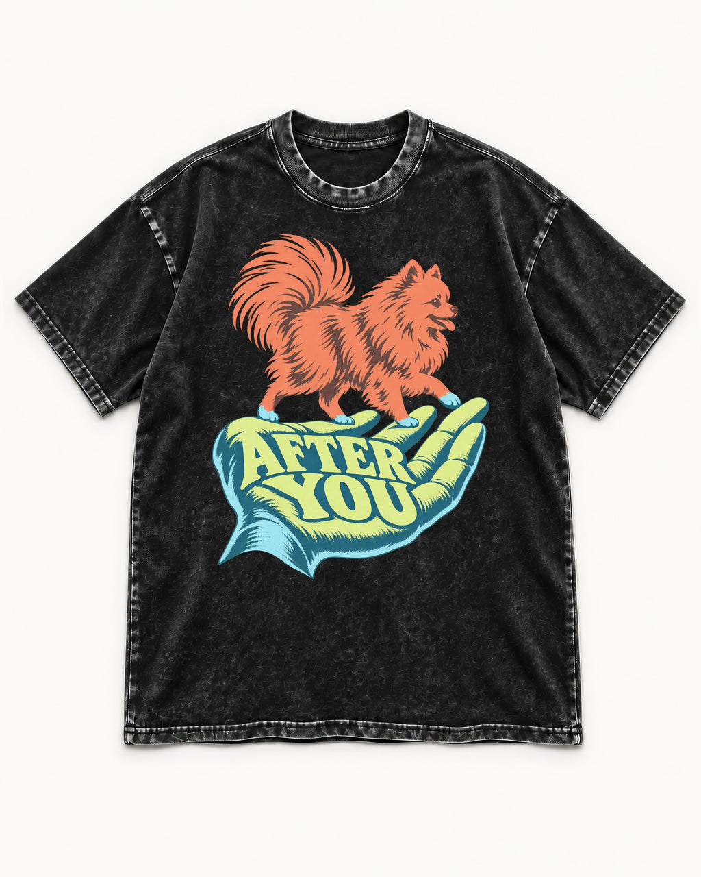 Pomeranian After You Helping Hand Graphic Washed Tee in Black, flat lay product photo