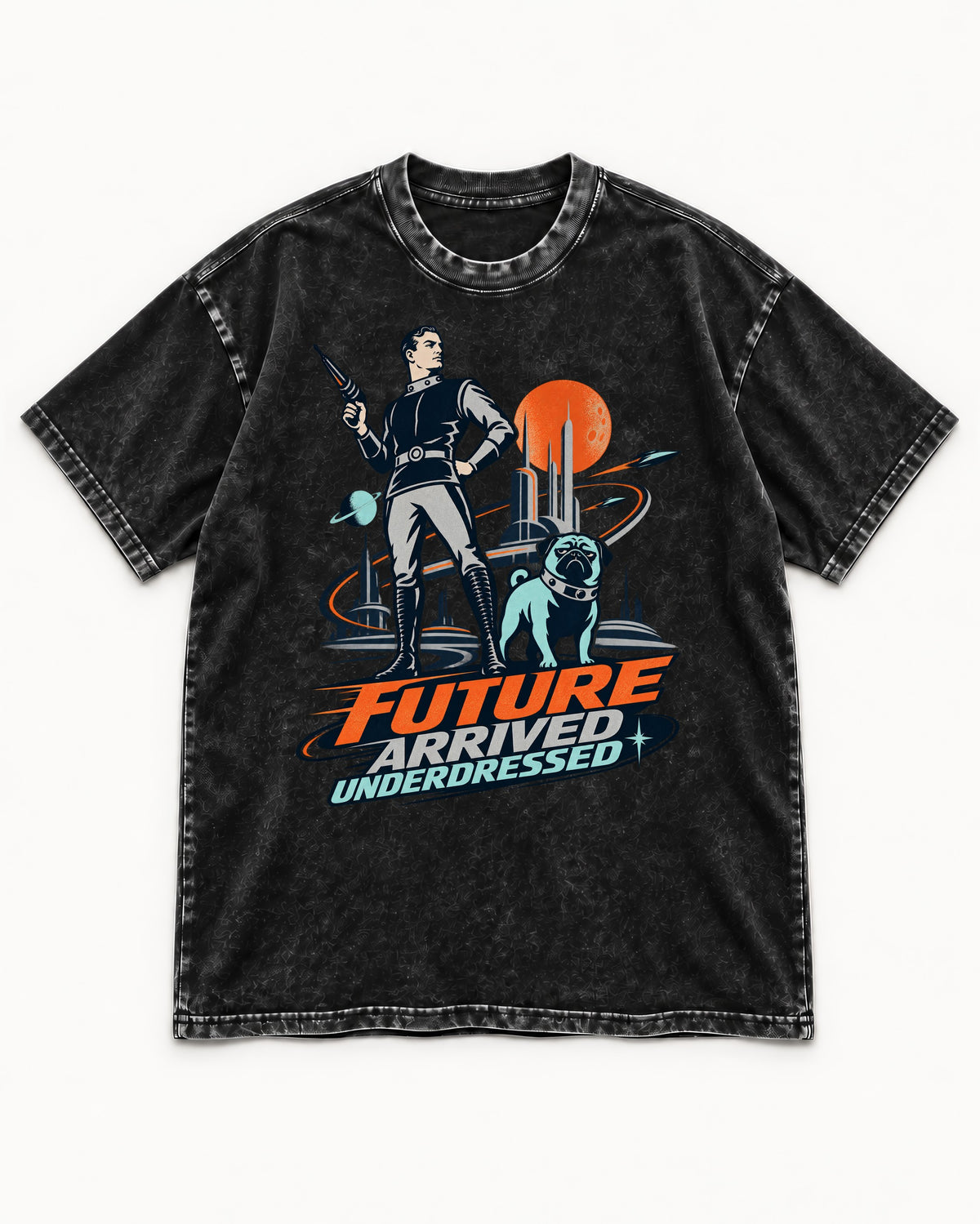 Pug Future Arrived Underdressed Space Hero Graphic Washed Tee in Black, flat lay product photo