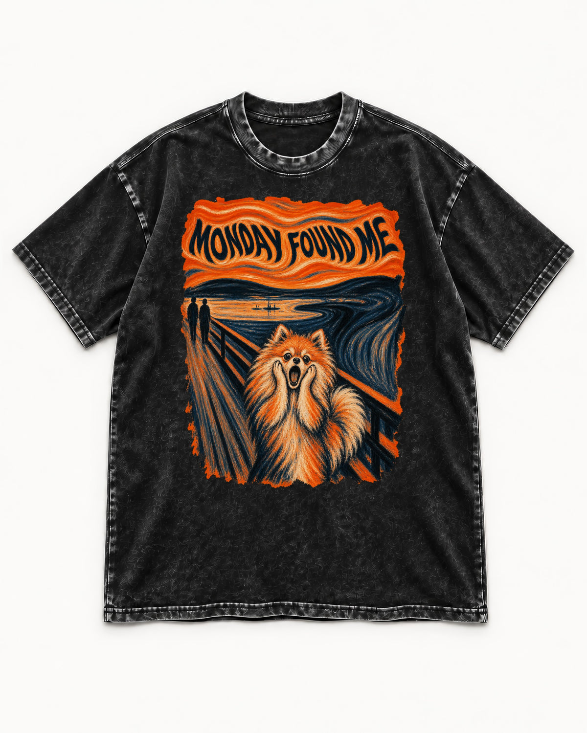 Pomeranian Monday Found Me Scream Parody Graphic Washed Tee in Black, flat lay product photo