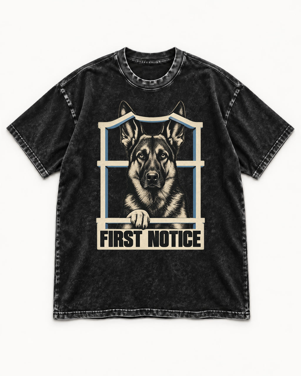First Notice Window German Shepherd Dog Graphic Washed Tee in Black, flat lay product photo