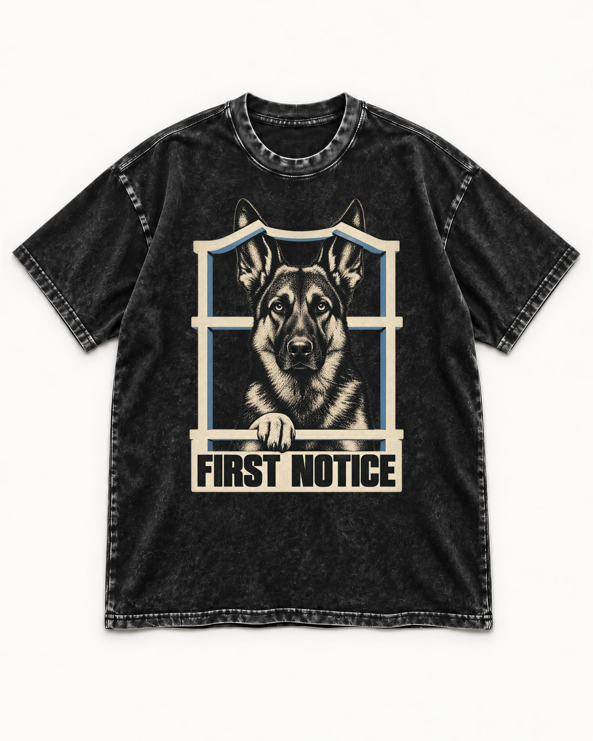 First Notice Window German Shepherd Dog Graphic Washed Tee in Black, flat lay product photo