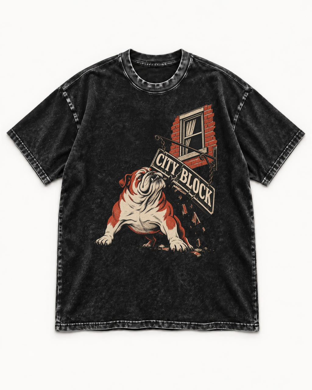 English Bulldog City Block Breaking Sign Graphic Washed Tee in Black, flat lay product photo