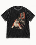 English Bulldog City Block Breaking Sign Graphic Washed Tee in Black, flat lay product photo