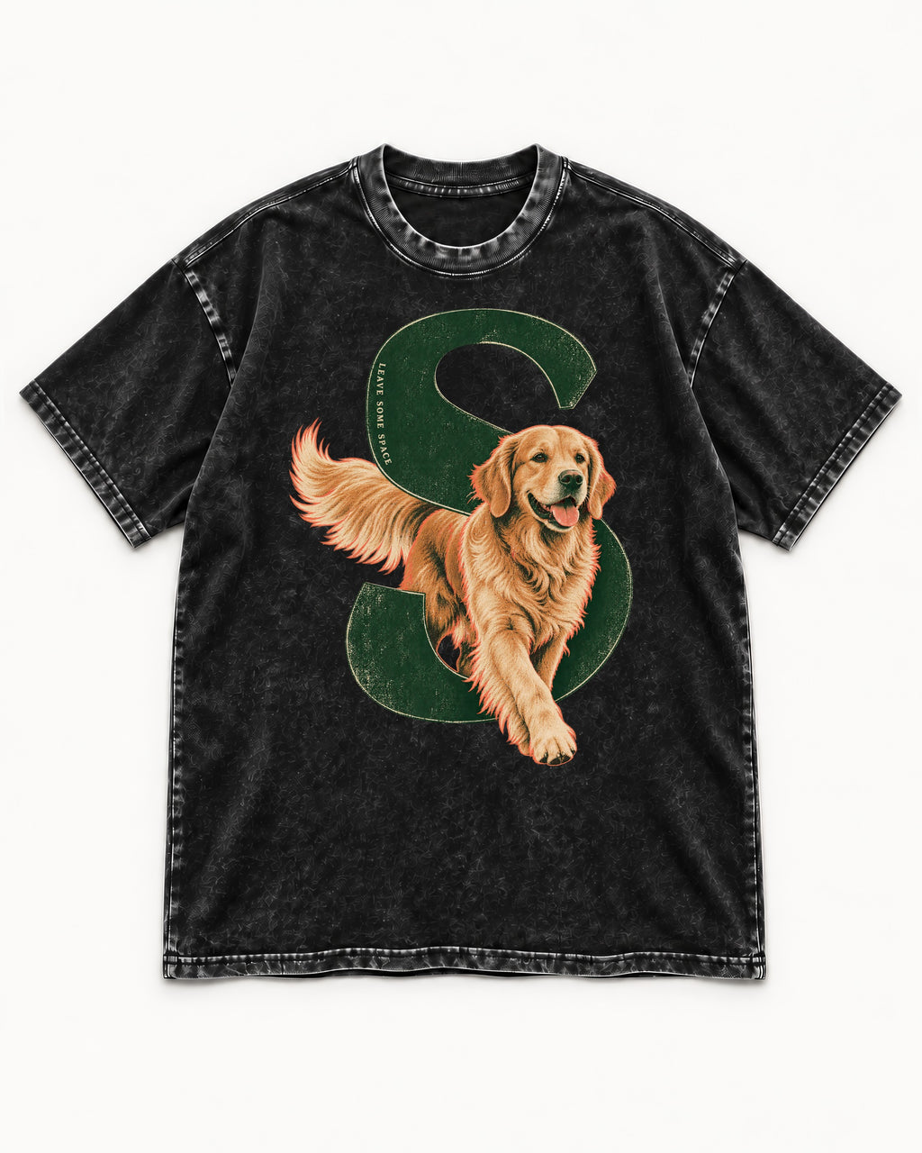 Golden Retriever Leave Some Space Monogram Graphic Washed Tee in Black, flat lay product photo