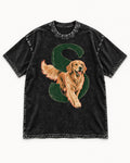 Golden Retriever Leave Some Space Monogram Graphic Washed Tee in Black, flat lay product photo
