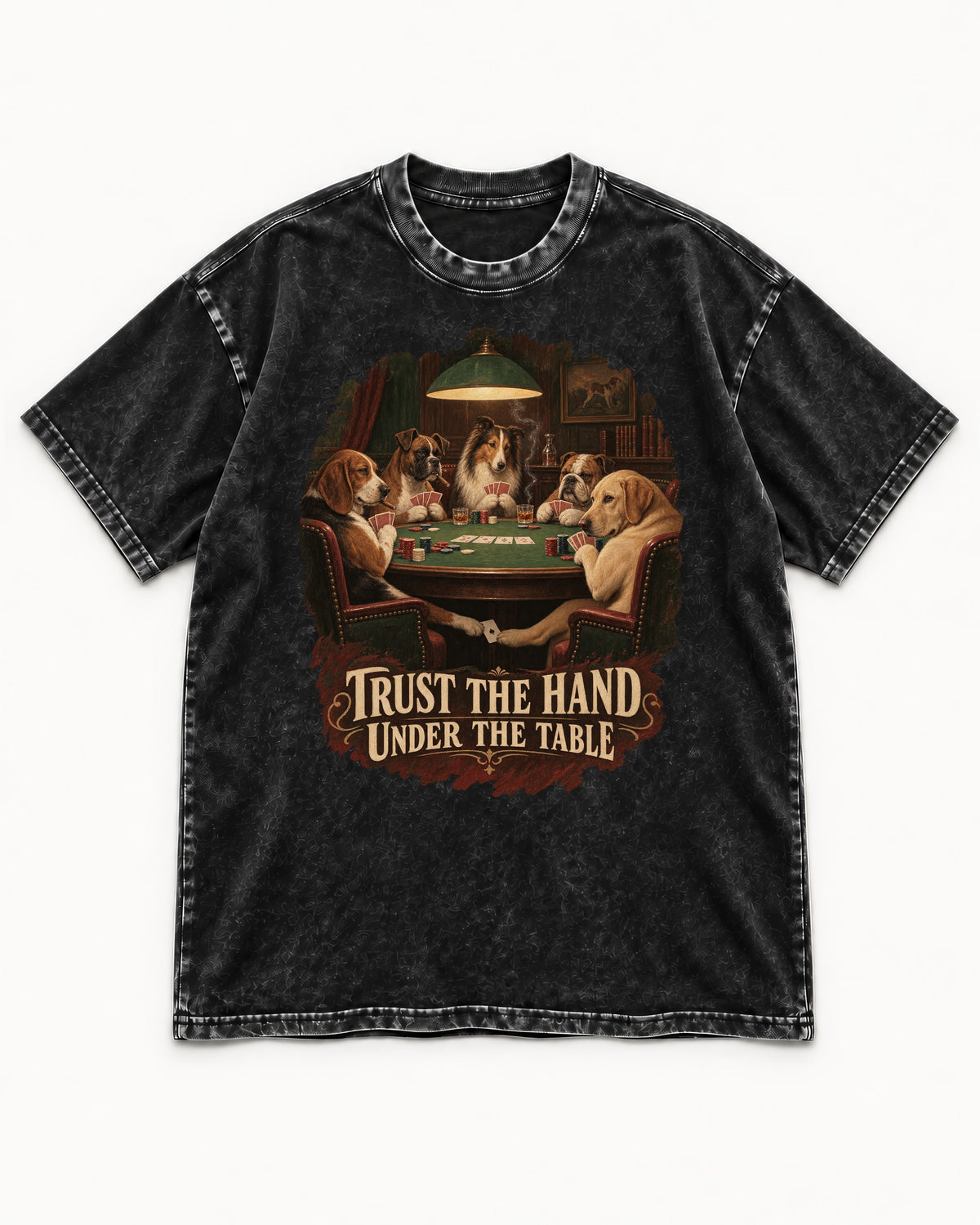 Labrador Retriever Trust the Hand Under the Table Poker Dogs Graphic Washed Tee in Black, flat lay product photo