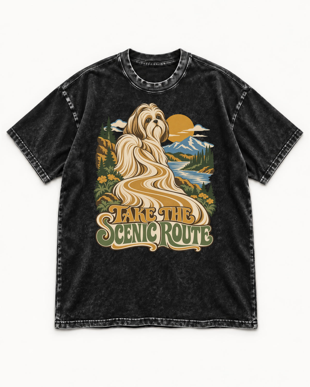 Shih Tzu Take the Scenic Route Mountain Vista Graphic Washed Tee in Black, flat lay product photo