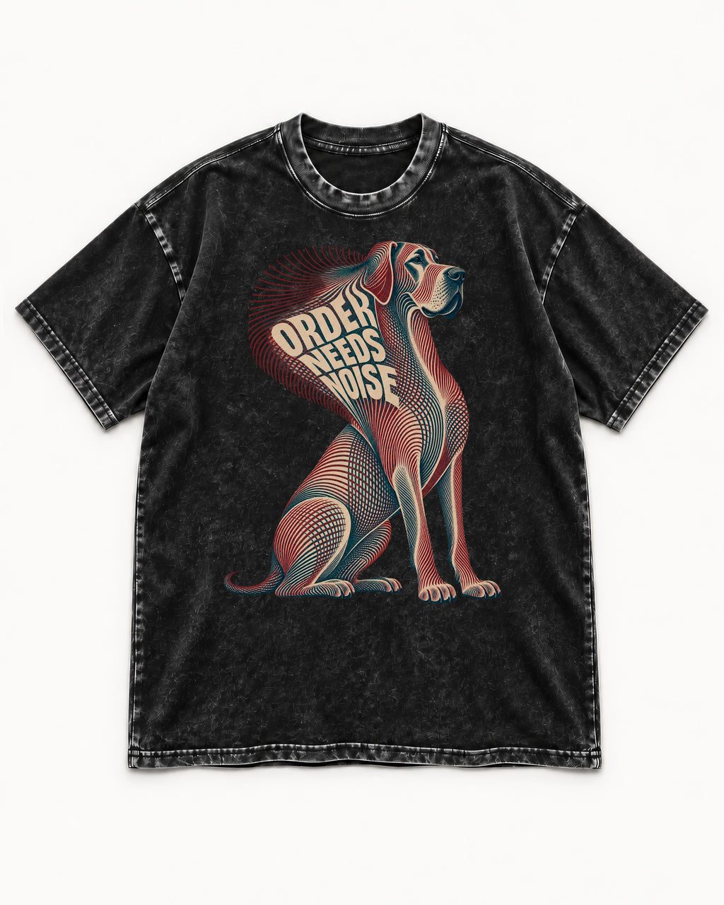 Great Dane Order Needs Noise Optical Line Graphic Washed Tee in Black, flat lay product photo
