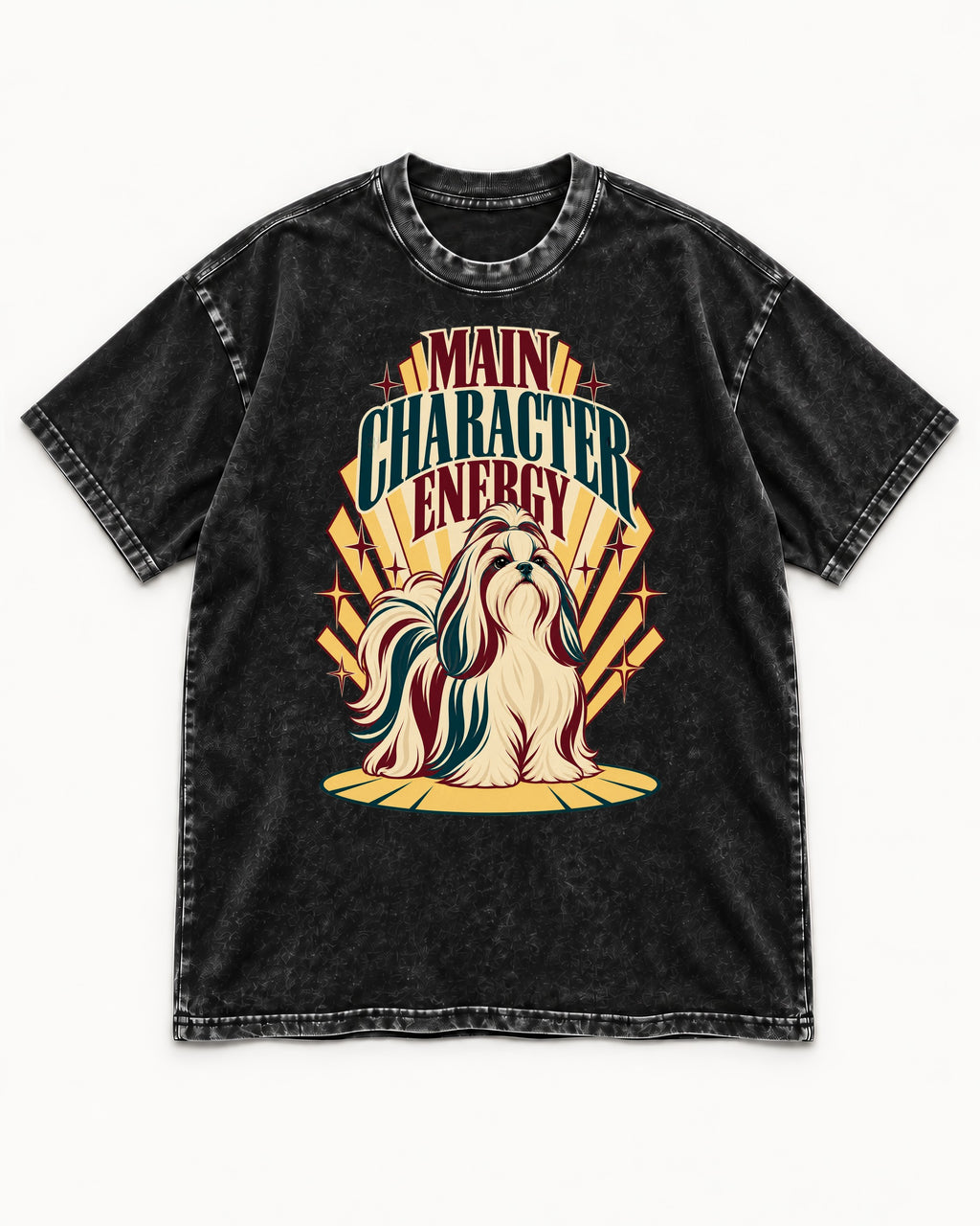 Shih Tzu Main Character Energy Art Deco Graphic Washed Tee in Black, flat lay product photo