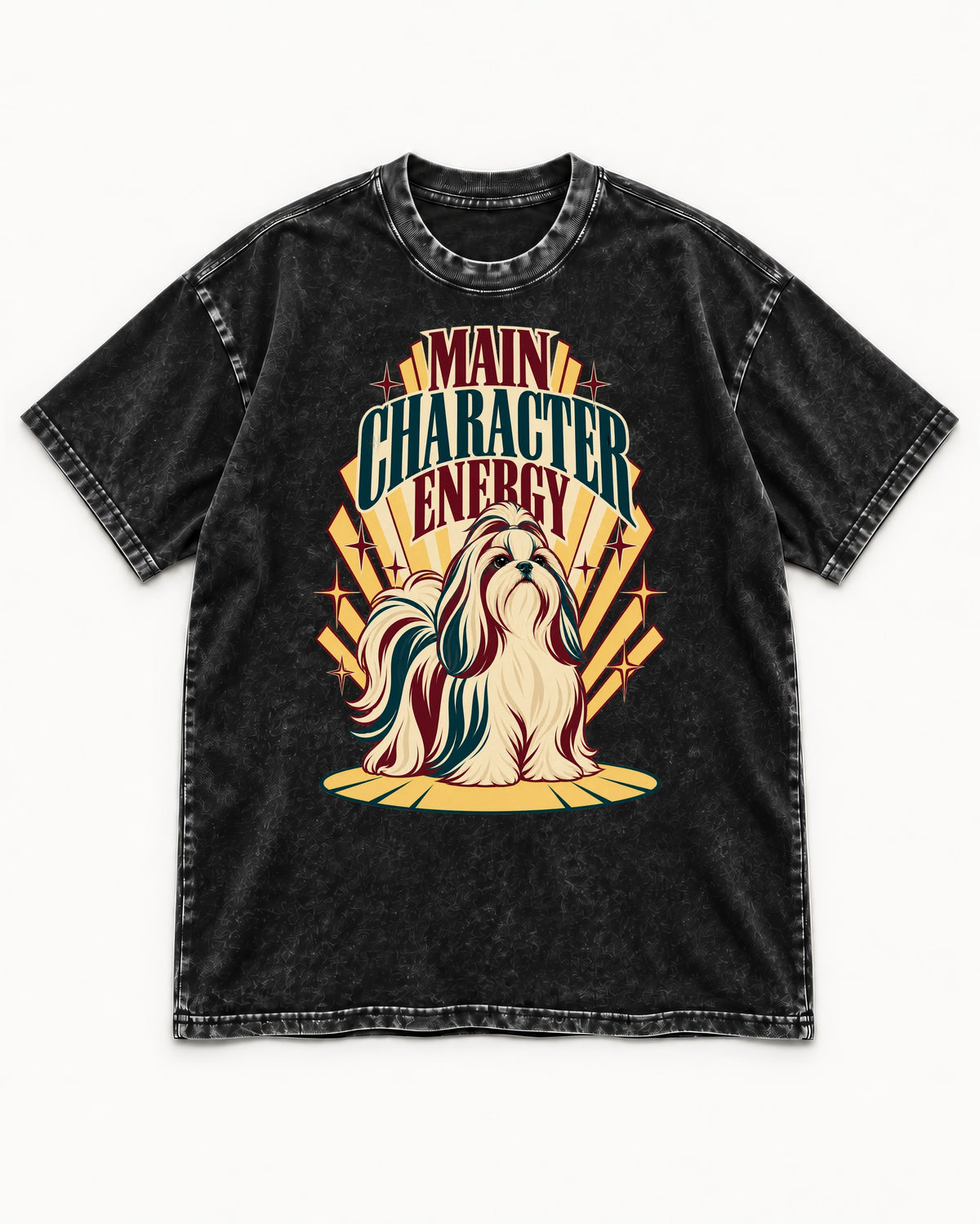 Shih Tzu Main Character Energy Art Deco Graphic Washed Tee in Black, flat lay product photo