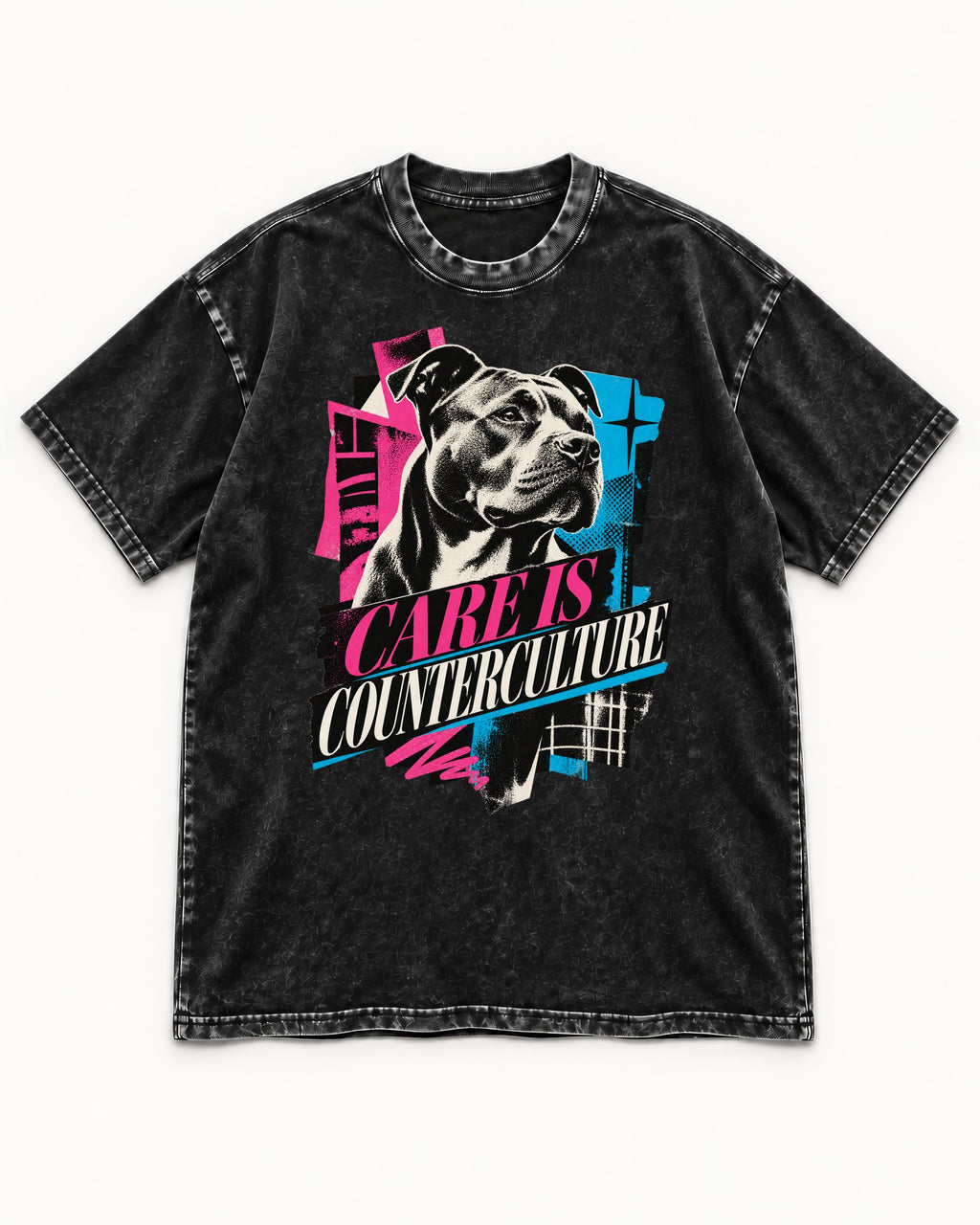 Pitbull Care Is Counterculture Neon Collage Portrait Graphic Washed Tee in Black, flat lay product photo